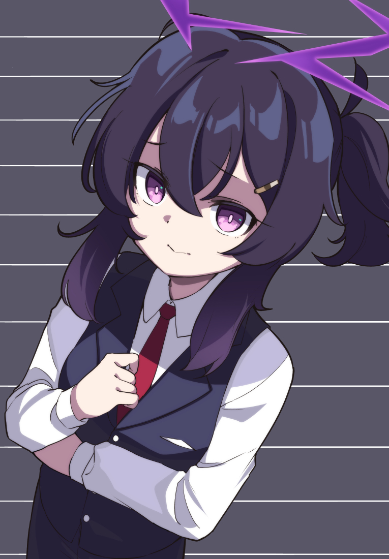 1girl black_vest blue_archive closed_mouth collared_shirt hair_between_eyes hair_ornament hairclip halo haruka_(blue_archive) haruka_(suit)_(blue_archive) long_hair long_sleeves looking_at_viewer moja_(moja4192) necktie official_alternate_costume purple_hair purple_halo red_necktie shirt solo upper_body vest violet_eyes white_shirt