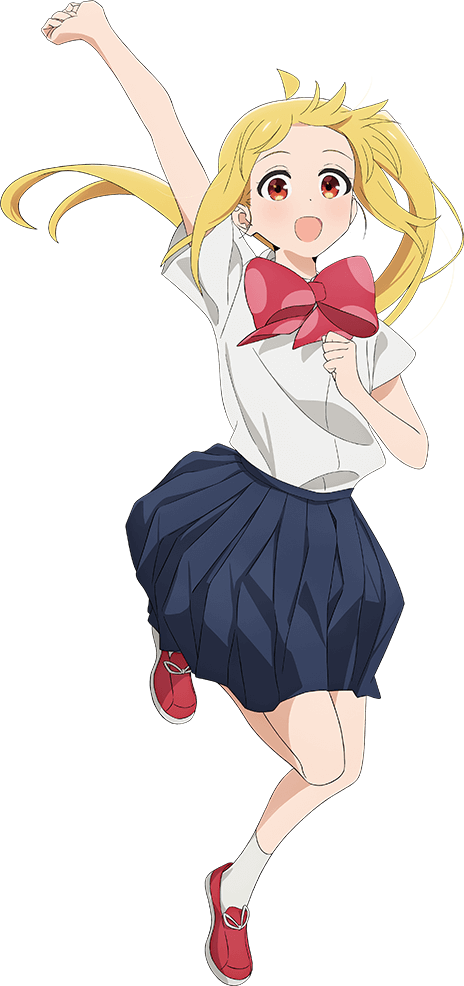 1girl ahoge arm_up blonde_hair blue_skirt bocchi_the_rock! bow bowtie collared_shirt dot_nose full_body hand_up ijichi_nijika leg_up long_hair long_sleeves looking_at_viewer miniskirt official_art open_mouth outstretched_arm pleated_skirt red_bow red_bowtie red_eyes red_footwear school_uniform shimokitazawa_high_school_uniform shirt shoes short_sleeves side_ponytail sidelocks skirt smile sneakers socks solo standing standing_on_one_leg tachi-e tareme transparent_background white_shirt white_socks