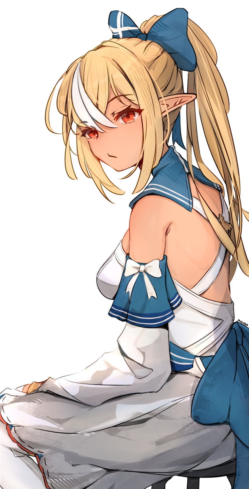 1girl artist_name back_bow blonde_hair blue_bow blue_sailor_collar bow breasts closed_mouth dark_skin detached_collar detached_sleeves dress elf feet_out_of_frame from_side hair_bow hand_on_own_thigh high_ponytail highres hololive long_hair malvar medium_breasts multicolored_hair pointy_ears red_eyes sailor_collar shiranui_flare shiranui_flare_(1st_costume) simple_background sitting solo stool streaked_hair tan virtual_youtuber white_background white_bow white_dress white_hair white_sleeves
