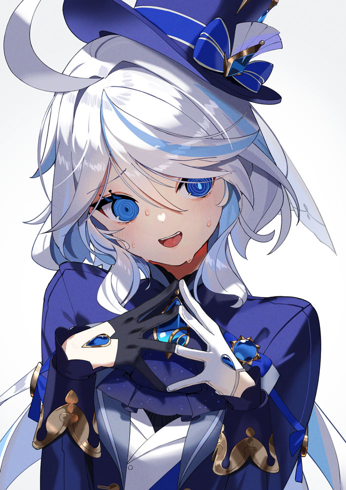 1girl @_@ ahoge ascot asymmetrical_gloves black_gloves blue_ascot blue_bow blue_brooch blue_hair blue_headwear blue_jacket blush bow bright_pupils commentary drop-shaped_pupils flat_chest frilled_sleeves frills furina_(genshin_impact) furrowed_brow genshin_impact gloves gold_trim hair_between_eyes hair_intakes half_gloves hat hat_bow hat_ribbon heterochromia jacket light_blue_hair long_hair long_sleeves looking_at_viewer mismatched_gloves mismatched_pupils multicolored_hair nervous_smile nervous_sweating open_mouth own_hands_together ribbon scottie_(phantom2) simple_background smile solo streaked_hair sweat symbol-shaped_pupils tilted_headwear top_hat two-tone_hair upper_body white_background white_gloves white_hair