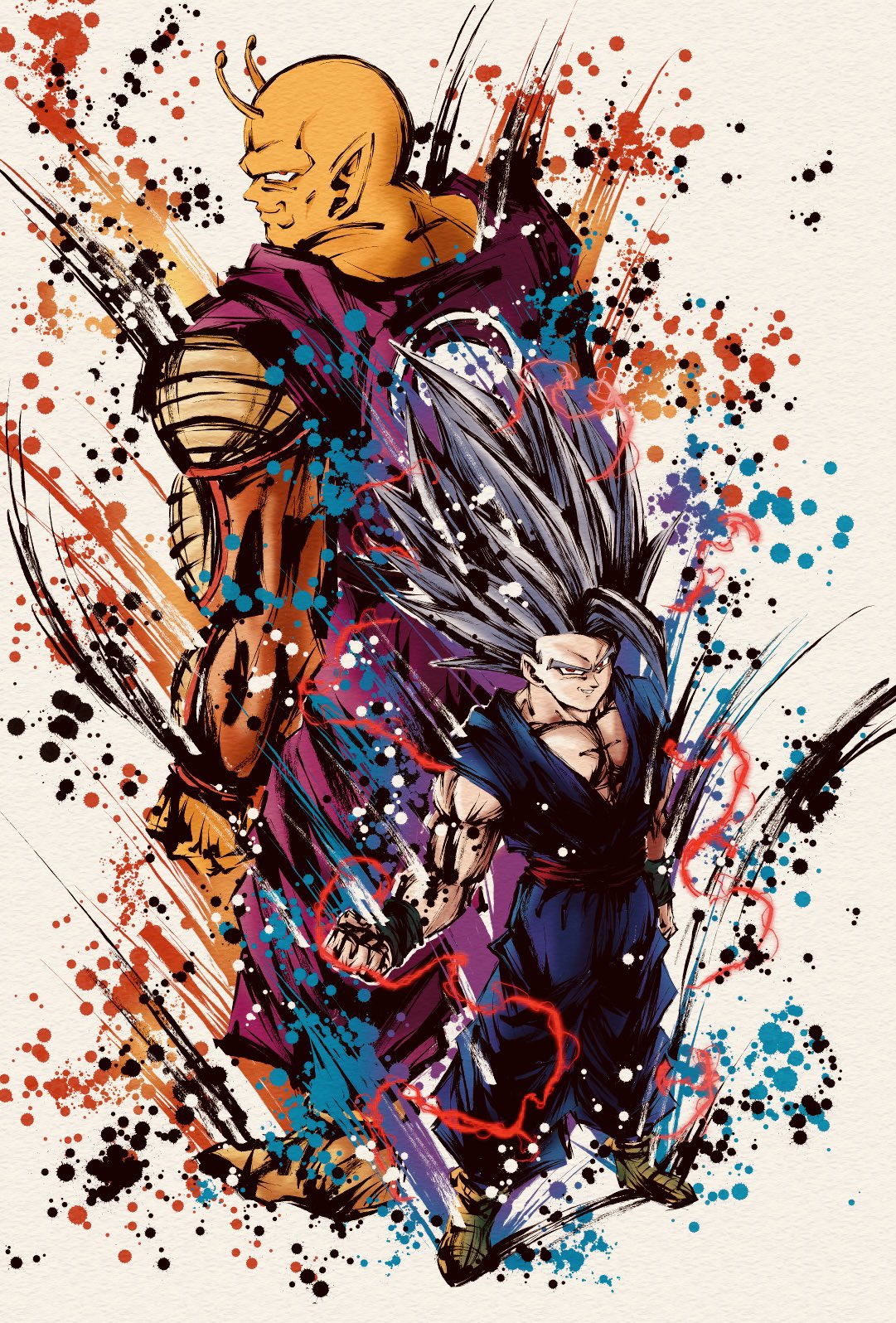 2boys back-to-back clenched_hand colored_skin derivative_work dougi dragon_ball dragon_ball_heroes dragon_ball_super dragon_ball_super_super_hero electricity gohan_beast grey_hair highres ink_wash_painting long_hair multiple_boys muscular muscular_male namekian orange_piccolo orange_skin pants piccolo pointy_ears purple_pants purple_shirt red_eyes red_sailor_collar sailor_collar shirt smirk son_gohan spiky_hair spmjg7 white_background