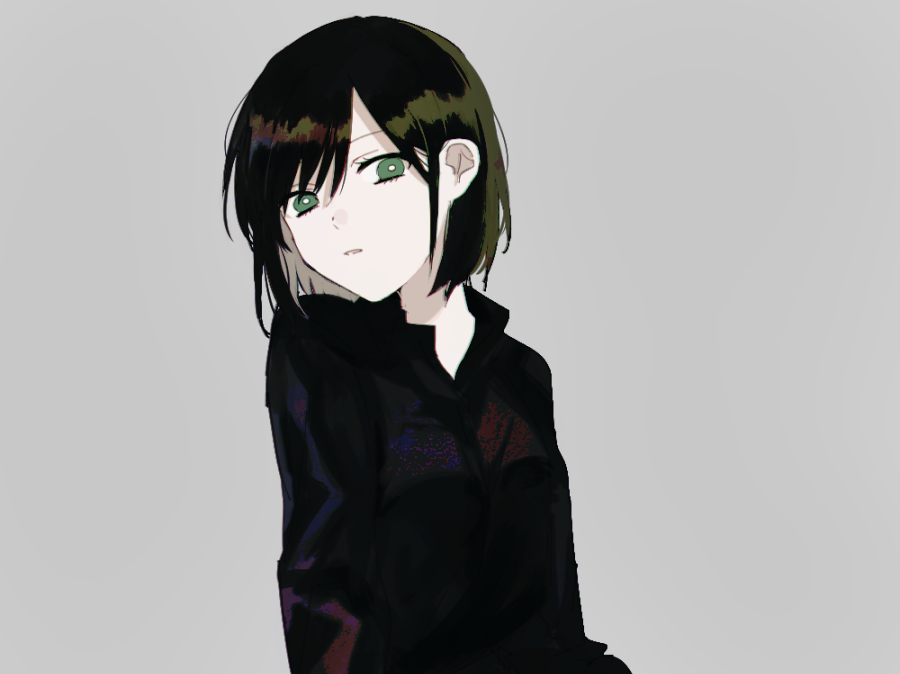 1girl black_shirt bright_pupils collared_shirt colored_inner_hair commentary_request green_hair grey_background long_sleeves looking_at_viewer mochiosamu_ron multicolored_hair original pale_skin parted_bangs shirt short_hair simple_background solo upper_body white_hair white_pupils