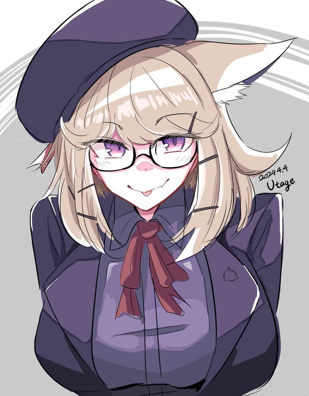 1girl :p animal_ear_fluff animal_ears arknights beret blonde_hair bow bowtie breasts character_name commentary dated glasses gnome_(gnome_0000) grey_background hat highres jacket large_breasts looking_at_viewer purple_hat purple_jacket red_bow red_bowtie short_hair simple_background solo tongue tongue_out upper_body utage_(arknights) utage_(disguise)_(arknights) violet_eyes