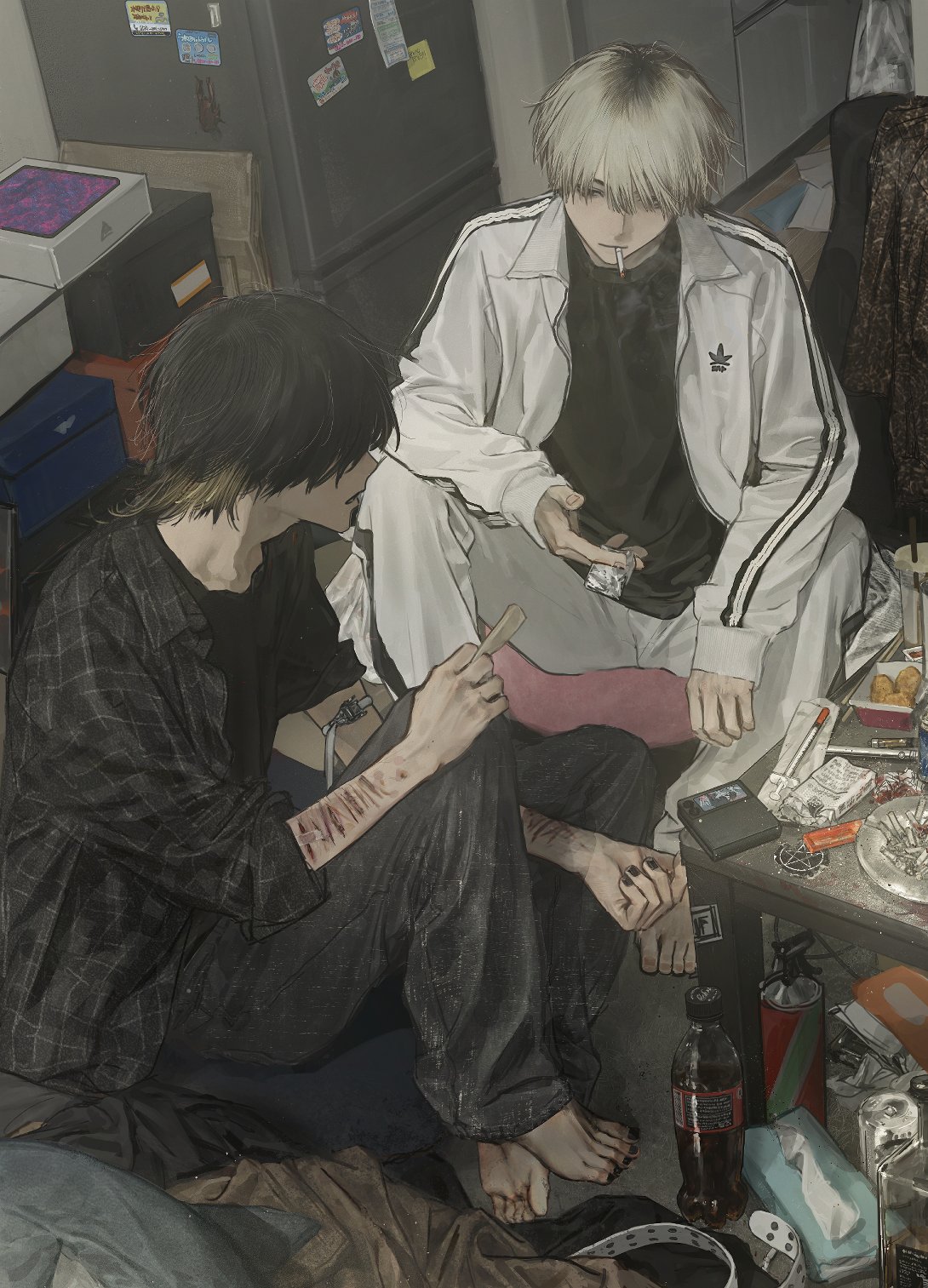 2boys arm_belt arm_on_knee barefoot black_hair black_nails black_pants black_shirt box cigarette clothes cola expressionless from_above full_body hand_on_own_knee highres hirota_tsuu holding holding_paper indoors jacket knee_up looking_at_another male_focus medium_hair messy_room multicolored_hair multiple_boys nail_polish on_floor open_clothes open_jacket original pants paper parted_lips phone refrigerator scar scar_on_arm self-harm_scar shirt short_hair sitting sleeves_rolled_up smoking table tissue_box toenail_polish toenails track_jacket track_pants two-tone_hair white_hair white_jacket white_pants wolf_cut