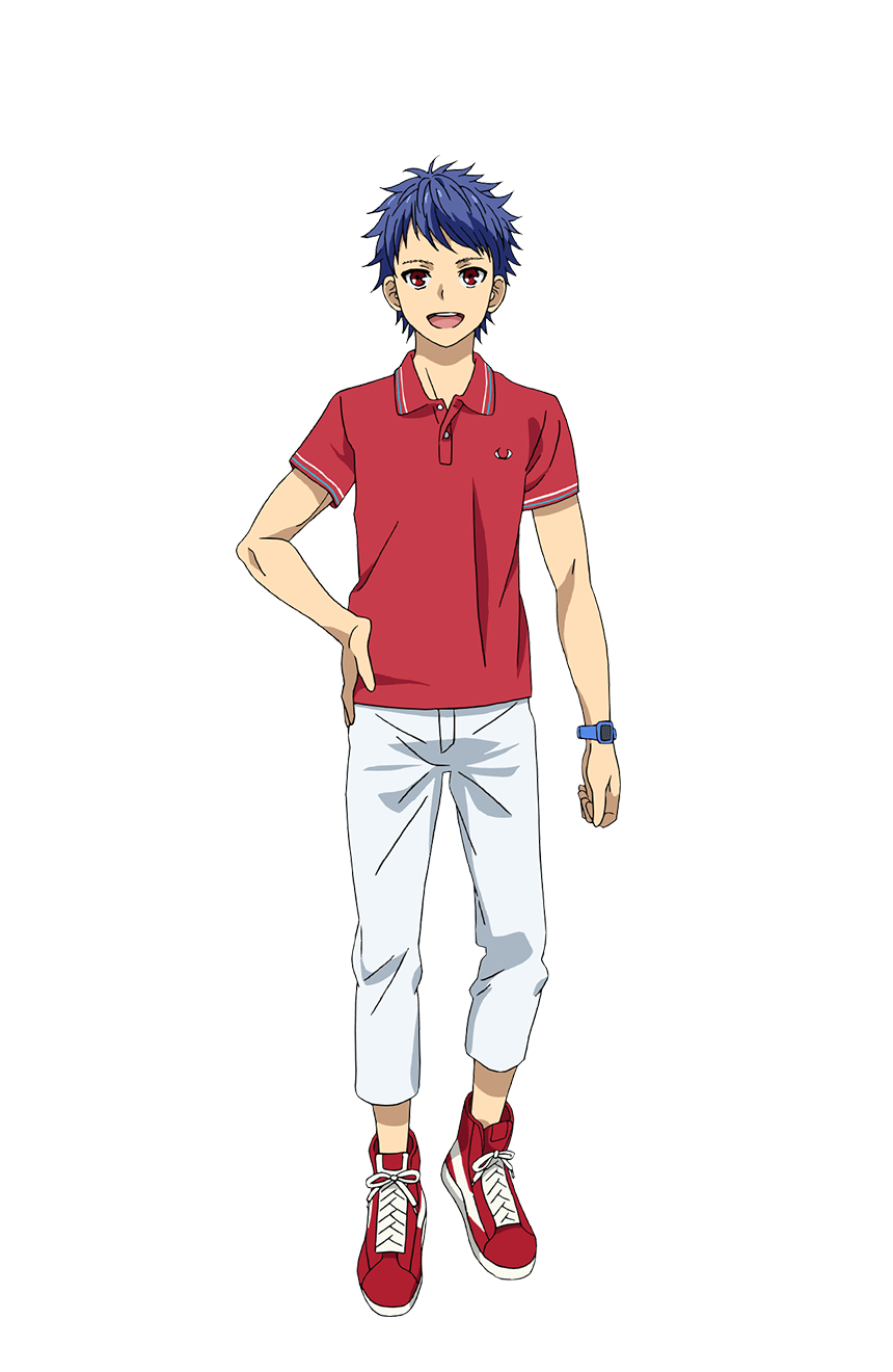 1boy blue_hair full_body hand_on_own_hip highres ichijou_shin king_of_prism king_of_prism:_shiny_seven_stars looking_at_viewer male_focus official_art open_mouth pants pretty_rhythm pretty_series red_eyes red_footwear red_shirt second-party_source shirt shoes short_hair short_sleeves simple_background smile sneakers solo standing tachi-e transparent_background watch watch white_pants