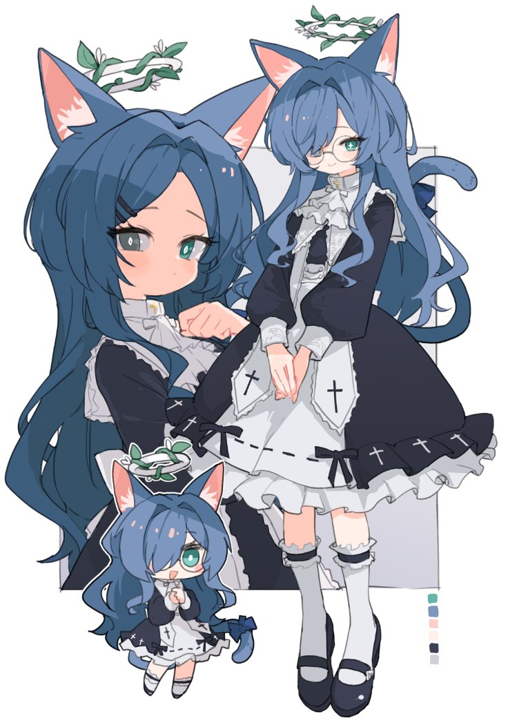 1girl animal_ear_fluff animal_ears ascot black_dress black_footwear blue_hair bow bridal_garter cat_ears cat_girl cat_tail chibi chibi_inset color_guide commission cross-shaped_pupils cross_print dress frilled_dress frills full_body glasses green_eyes grey_background grey_eyes hair_intakes hair_ornament hair_over_one_eye hairpin halo hand_up heterochromia kasa_(hitori_sanka) kneehighs long_hair long_sleeves looking_at_viewer mary_janes multiple_views one_eye_covered original own_hands_together round_eyewear shoes sidelocks skeb_commission smile socks standing swept_bangs symbol-shaped_pupils tail tail_bow tail_ornament two-tone_background v_arms white_ascot white_background white_socks