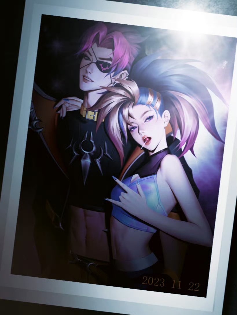 1boy 1girl \m/ akali arm_around_neck bare_arms belt_collar bishounen black_pants black_shirt blue_eyes blue_hair blue_nails blue_shirt candy collar crop_top cropped_jacket cropped_shirt dated dress eyepatch food gradient_background grey_eyes heartsteel_(league_of_legends) heartsteel_kayn jacket kayn_(league_of_legends) lapels league_of_legends lollipop long_hair looking_at_viewer midriff mouth_hold navel open_mouth pants parted_lips photo_(object) pink_hair polaroid print_eyepatch shirt sleeveless sleeveless_dress teeth true_damage_(league_of_legends) true_damage_akali two-sided_fabric two-sided_jacket wutu_(1183238220) yellow_collar