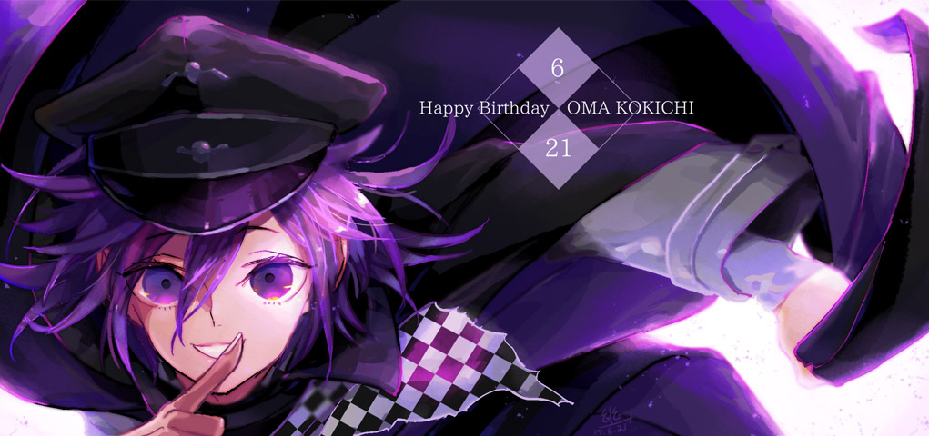 1boy arm_belt belt black_cape black_hat black_scarf cape cape_hold character_name checkered_clothes checkered_scarf colored_eyelashes commentary_request cowboy_shot danganronpa_(series) danganronpa_v3:_killing_harmony dated finger_to_mouth fingernails grin hair_between_eyes happy_birthday hat juliet_sleeves jumpsuit layered_sleeves leaning_forward long_sleeves looking_at_viewer male_focus oma_kokichi pants peaked_cap puffy_sleeves purple_cape purple_hair purple_pants purple_theme scarf short_hair simple_background sleeves_past_wrists smile solo two-sided_cape two-sided_fabric two-tone_scarf u_u_ki_u_u violet_eyes white_background white_belt white_jumpsuit white_scarf white_sleeves