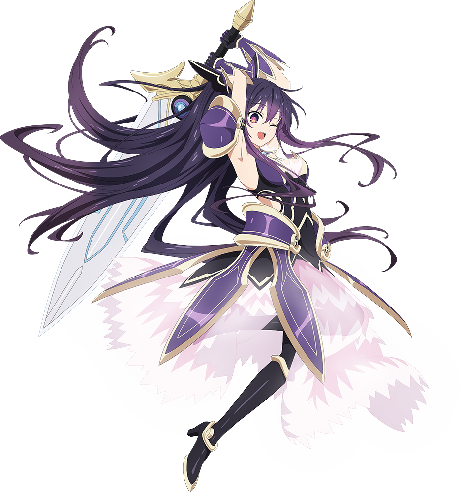1girl armor armored_dress arms_up date_a_live dress full_body holding holding_weapon long_hair official_art one_eye_closed open_mouth purple_dress purple_hair smile solo sword transparent_background violet_eyes weapon yatogami_tooka