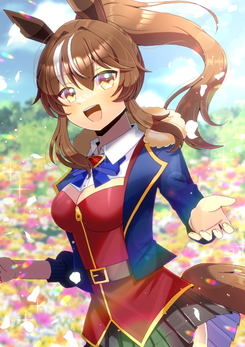 1girl :d animal_ears belt belt_buckle black_skirt blue_bow blue_jacket blue_sky blurry blurry_background blush bow breasts brown_belt brown_eyes brown_hair buckle clouds cloudy_sky collared_shirt commentary_request commission day depth_of_field dress_shirt flower fur-trimmed_jacket fur_trim hair_between_eyes high_ponytail horse_ears horse_girl horse_tail indie_virtual_youtuber jacket kou_hiyoyo long_hair long_sleeves looking_at_viewer medium_breasts multicolored_hair open_clothes open_jacket orange_flower outdoors pleated_skirt ponytail purple_flower red_vest shirt sidelocks skeb_commission skirt sky smile solo streaked_hair tail unbridled_yashin vest virtual_youtuber white_flower white_hair white_shirt yellow_flower