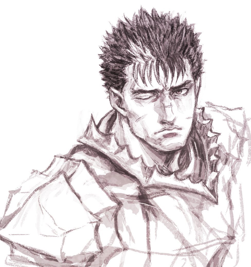 1boy armor berserk commentary_request expressionless greyscale guts_(berserk) iwamoto_tatsurou male_focus monochrome multicolored_hair one_eye_closed scar scar_on_face simple_background sketch solo spiky_hair two-tone_hair upper_body