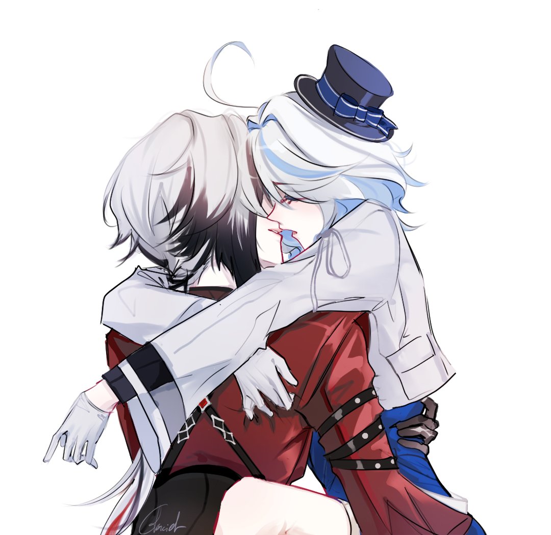 2girls ahoge arlecchino_(genshin_impact) arms_around_neck black_gloves black_hair black_hat blue_dress commentary dress english_commentary furina_(genshin_impact) genshin_impact glaciel gloves hand_on_another's_waist hat hug imminent_kiss jacket long_sleeves mini_hat multicolored_hair multiple_girls red_shirt shirt simple_background streaked_hair upper_body white_background white_gloves white_hair white_jacket yuri