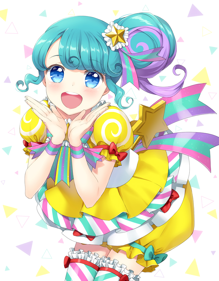 1girl :d blue_eyes blue_hair blush commentary_request frilled_thighhighs frills hair_bun hair_ornament hands_up idol_clothes leaning_forward looking_at_viewer multicolored_hair open_mouth pinon_(pripara) pretty_series pripara puffy_short_sleeves puffy_shorts puffy_sleeves purple_hair shirt short_sleeves shorts shouting_with_hands sidelocks single_side_bun smile solo standing star_(symbol) star_hair_ornament streaked_hair thigh-highs unya_(unya-unya) white_background winding_key yellow_shirt