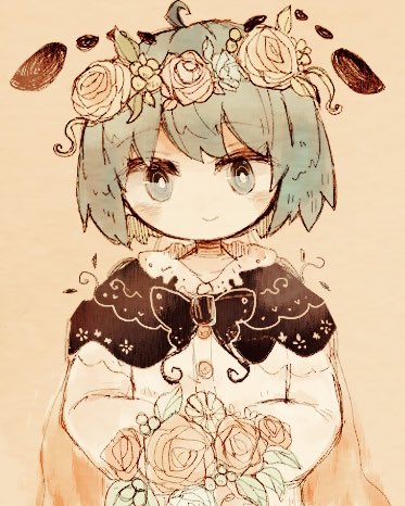 1girl antennae black_cape brown_background cape fireflies flower green_eyes green_hair hair_flower hair_ornament holding holding_flower light_smile lowres mokumoku22 short_hair smile solo touhou two-sided_cape two-sided_fabric upper_body wriggle_nightbug