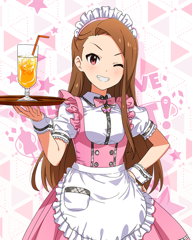 1girl apron asymmetrical_bangs bow bowtie breasts brown_hair butterfly_ornament dot_nose dress drinking_straw forehead frilled_apron frilled_skirt frills hair_over_breasts hand_on_own_hip holding holding_tray ice idolmaster idolmaster_(classic) idolmaster_million_live! idolmaster_million_live!_theater_days juice long_hair looking_at_viewer maid_headdress minase_iori official_alternate_costume official_art one_eye_closed orange_juice pink_bow pink_bowtie pink_dress pretty_waitress_(idolmaster) puffy_short_sleeves puffy_sleeves red_eyes serving shirt short_sleeves sidelocks skirt small_breasts smile solo standing starry_background straight_hair teeth thigh-highs tray upper_body v-shaped_eyebrows waist_apron waitress white_apron white_shirt white_thighhighs wrist_cuffs