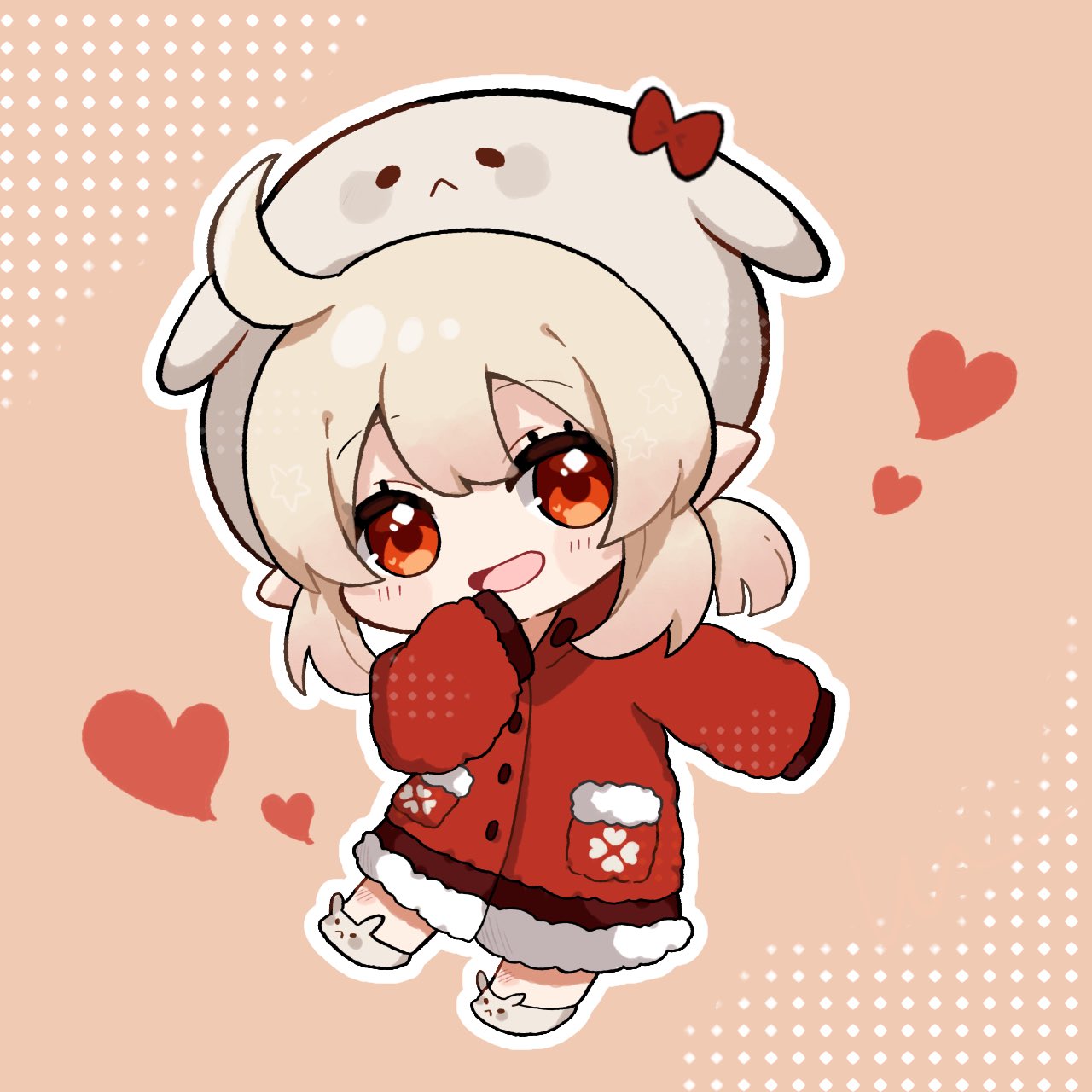 1girl :d ahoge blonde_hair blush bow buttons chibi clover_print coat commentary_request dodoco_(genshin_impact) eyelashes fur-trimmed_coat fur_trim genshin_impact grey_footwear grey_hat hair_between_eyes hand_up hat heart highres klee_(genshin_impact) kogamo_(user_vajm2737) long_sleeves looking_at_viewer low_twintails medium_hair open_mouth orange_background outline pocket pointy_ears puffy_long_sleeves puffy_sleeves red_bow red_coat red_eyes sidelocks simple_background sleeves_past_fingers sleeves_past_wrists slippers smile solo twintails white_outline