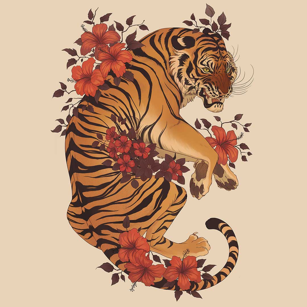 angry animal animal_focus fangs floating flower from_side full_body no_humans norapotwora open_mouth original pawpads simple_background tiger