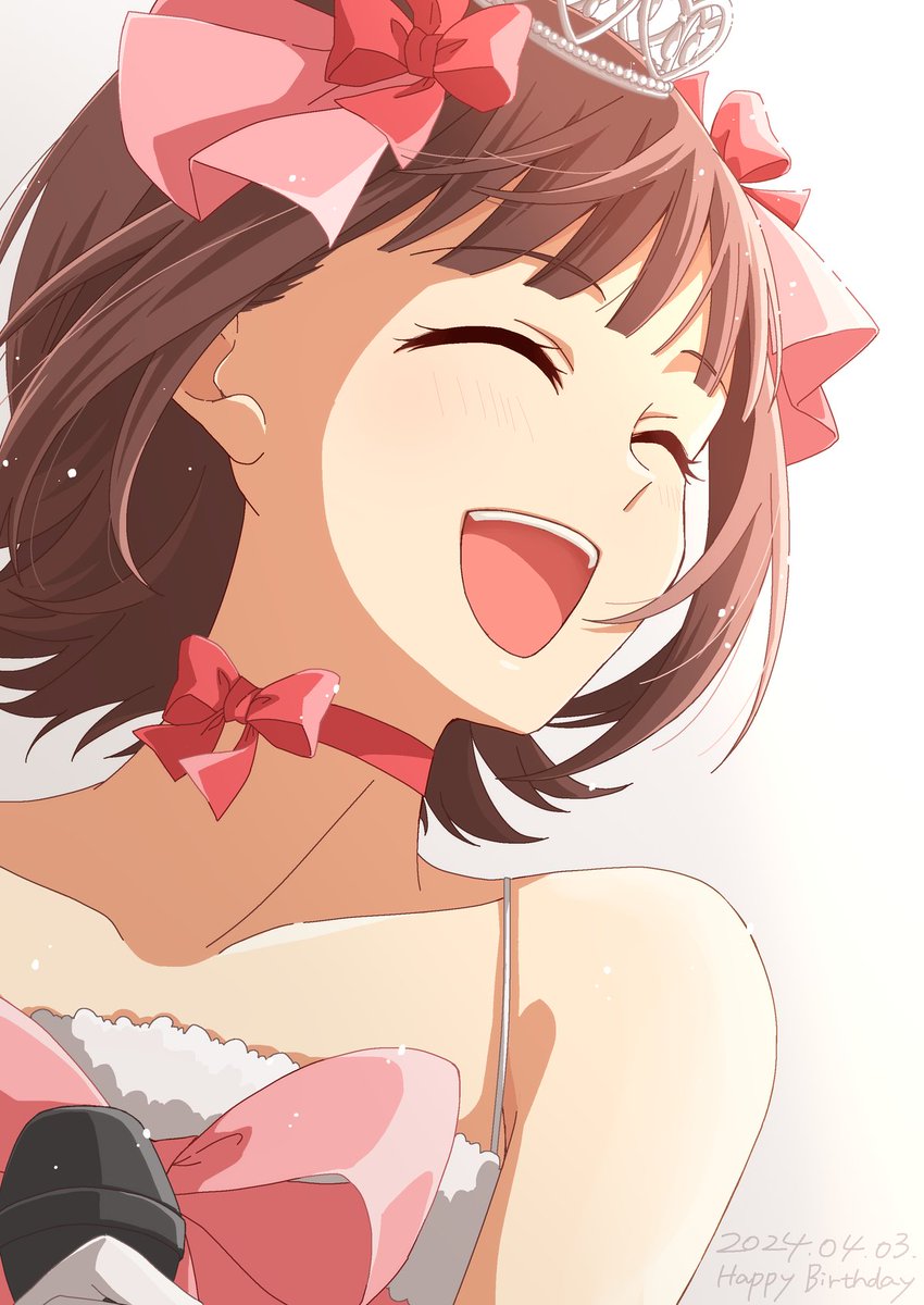1girl ^_^ amami_haruka bare_shoulders blunt_bangs blush bow brown_hair choker close-up closed_eyes collarbone cute_&amp;_girly_(idolmaster) dated dress english_text eyelashes flipped_hair fur_trim gloves hair_bow hair_ribbon happy_birthday highres holding holding_microphone idol idolmaster idolmaster_(classic) idolmaster_million_live! idolmaster_million_live!_theater_days medium_hair microphone multiple_hair_bows open_mouth pink_dress pink_ribbon portrait red_bow red_choker ribbon ribbon_choker sidelocks skrmyg smile solo spaghetti_strap teeth tiara upper_body upper_teeth_only white_background white_gloves wind