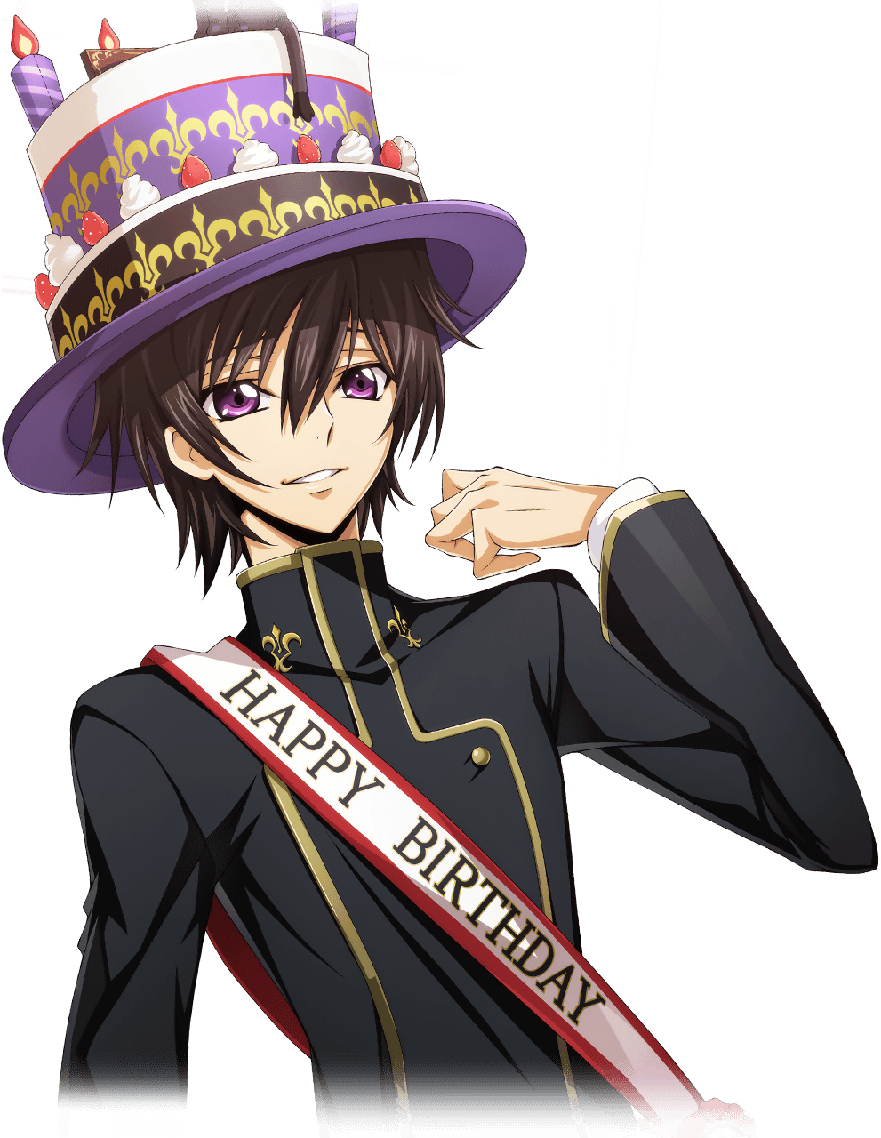 1boy artist_request birthday birthday_sash black_hair buttons clothes_writing code_geass code_geass:_lost_stories cropped_torso english_text game_cg hair_between_eyes hand_up happy happy_birthday hat highres layered_sleeves lelouch_vi_britannia long_sleeves male_focus multicolored_clothes multicolored_hat non-web_source official_art parted_lips sash school_uniform short_hair shoulder_sash sidelocks simple_background smile solo standing teeth top_hat transparent_background upper_body violet_eyes