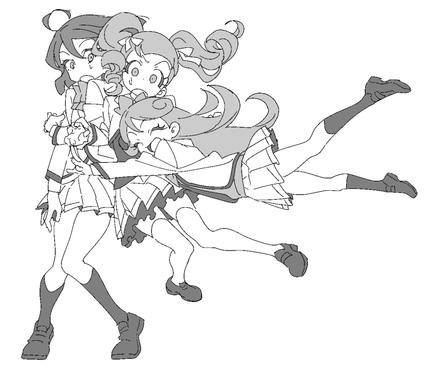 3girls :d ahoge akagi_anna anchiki_shou bad_id bad_twitter_id bow closed_eyes constricted_pupils full_body greyscale jacket jumping kirarigaoka_middle_school_uniform kiratto_pri_chan kneehighs long_hair long_sleeves looking_at_another midorikawa_sara monochrome multiple_girls open_mouth pleated_skirt pretty_series school_uniform shido_mel shoes short_hair simple_background skirt smile socks standing surprised tackle thigh-highs twintails white_background