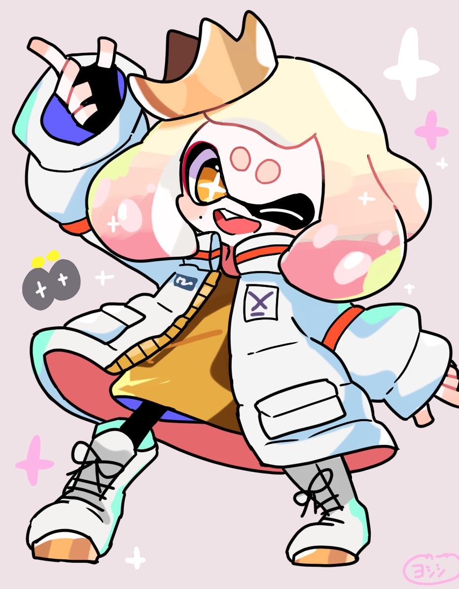 1girl boots bright_pupils commentary cross-laced_footwear crown full_body gradient_hair grey_background inkling jacket medium_hair mole mole_under_mouth multicolored_hair one_eye_closed open_clothes open_jacket open_mouth pantyhose pearl_(splatoon) pink_hair puffy_sleeves simple_background sleeves_past_wrists smile solo splatoon_(series) splatoon_3 splatoon_3:_side_order standing star-shaped_pupils star_(symbol) symbol-only_commentary symbol-shaped_pupils teeth tentacle_hair thick_eyebrows two-tone_hair upper_teeth_only white_footwear white_hair white_jacket white_pupils yellow_eyes yellow_headwear yoshishi_(yosisitoho)
