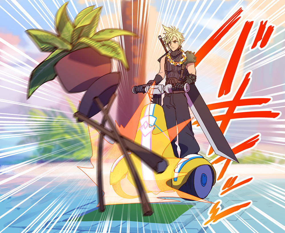 1boy armor baggy_pants belt black_gloves blonde_hair brown_belt buster_sword cloud_strife collision final_fantasy final_fantasy_vii final_fantasy_vii_rebirth final_fantasy_vii_remake flower flower_necklace full_body gloves hair_between_eyes lei male_focus mizu_cx outdoors pants plant potted_plant segway short_hair shoulder_armor single_bare_shoulder single_shoulder_pad sleeveless sleeveless_turtleneck solo spiky_hair turtleneck twitter_username weapon weapon_on_back