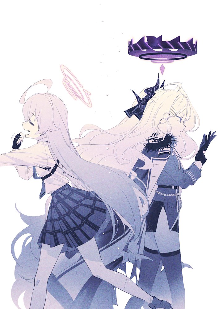 2girls adjusting_clothes adjusting_gloves ahoge aiguillette blue_archive chest_harness coat coat_on_shoulders demon_horns demon_wings fang fingerless_gloves gloves hair_ornament hairclip halo harness hina_(blue_archive) horns hoshino_(blue_archive) long_hair long_sleeves low_wings military_uniform miniskirt multiple_girls multiple_horns necktie ouri_(aya_pine) plaid plaid_skirt pleated_skirt shirt_tucked_in side_slit skirt thigh-highs uniform very_long_hair wading white_background wings yawning