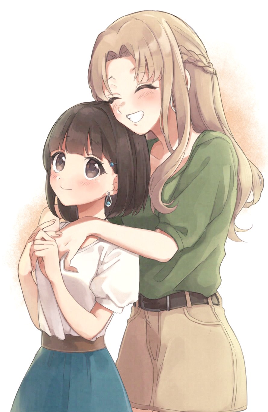 2girls ^_^ bad_id bad_twitter_id belt blonde_hair blue_skirt blush borrowed_character braid brown_belt brown_eyes brown_hair brown_shorts character_request closed_eyes commentary_request cowboy_shot earrings facing_viewer green_shirt grin hands_up head_on_head head_rest height_difference highres hug hug_from_behind inactive_account jewelry long_hair multiple_girls original parted_bangs shirt shiyurinpu short_sleeves shorts skirt smile standing white_background white_shirt