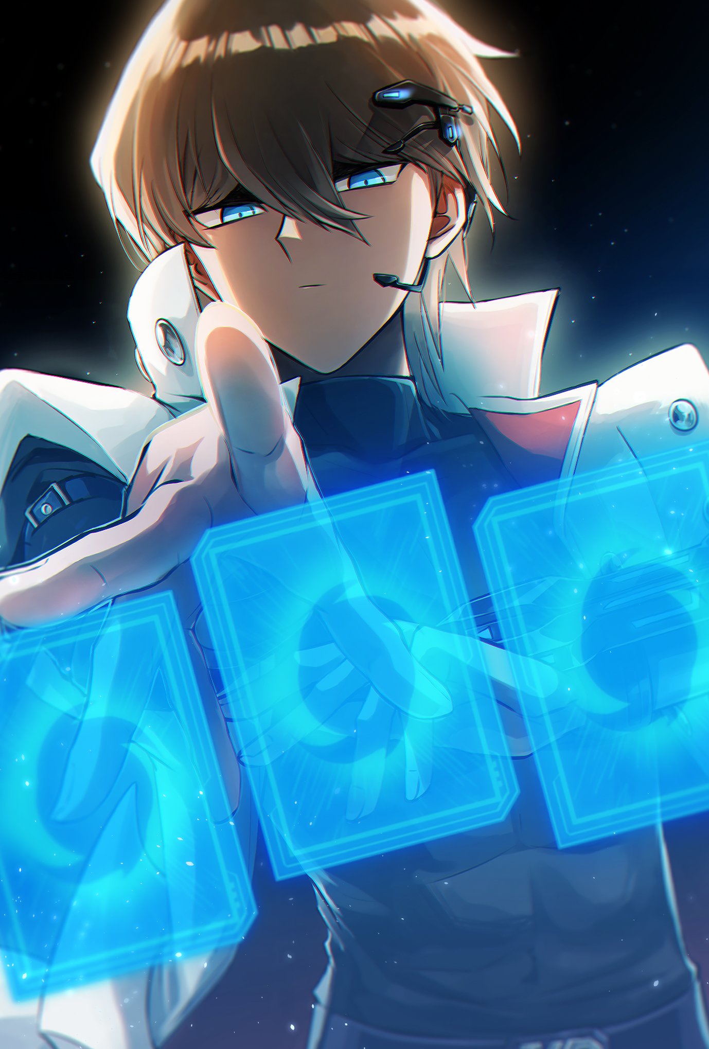 1boy backlighting black_shirt blue_eyes brown_hair card coat commentary_request dark_background duel_disk hair_between_eyes high_collar highres hologram kaiba_seto light_particles looking_at_object looking_at_viewer male_focus mouthpiece saito0614 shirt short_hair sleeveless sleeveless_coat solo toned toned_male turtleneck turtleneck_shirt upper_body white_coat yu-gi-oh! yu-gi-oh!_the_dark_side_of_dimensions