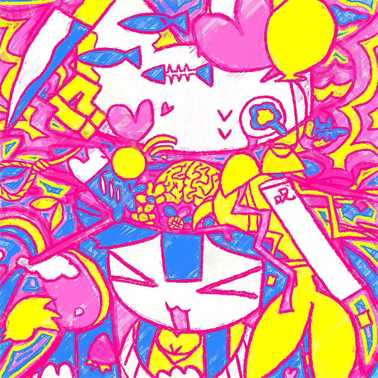 !? &gt;_&lt; 1girl :3 abstract_background animal_hat balloon banner blue_hair blunt_bangs blush brain cat_hat colored_lineart colorful commentary_request confetti_ball fish fish_skeleton flower food fruit hands_up hat heart_balloon highres knife long_hair noose original portrait rainbow shironeko_(gosot3syobrmxbg) solo split_head strawberry streamers twitter twitter_bird