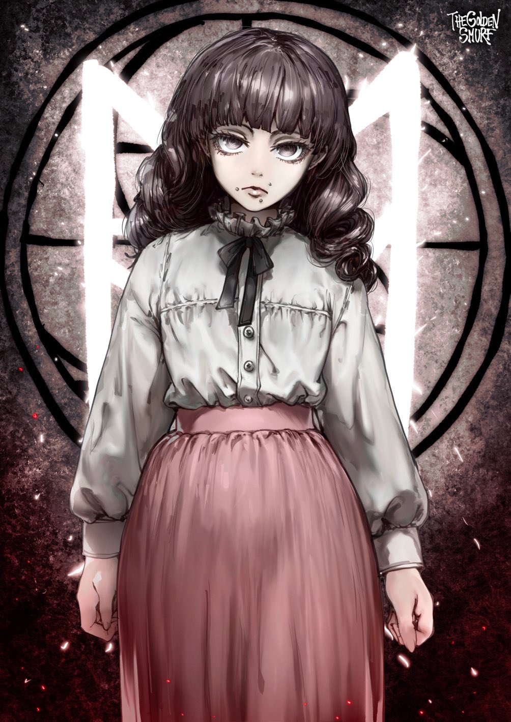 1girl arms_at_sides artist_name black_ribbon brown_background brown_eyes brown_hair buttons closed_mouth cowboy_shot drill_hair english_commentary fear_&amp;_hunger fear_&amp;_hunger_2:_termina frilled_shirt frills highres light_particles long_hair long_skirt long_sleeves looking_at_viewer marina_(fear_&amp;_hunger) mouth_piercing pink_skirt ribbon shirt skirt solo standing the_golden_smurf twin_drills white_shirt