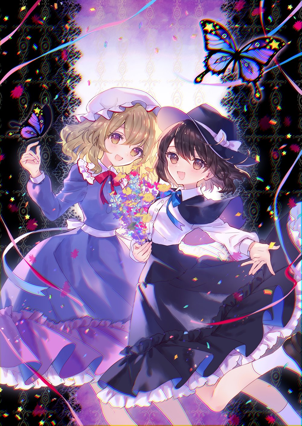 2girls :d black_capelet black_footwear black_hat black_skirt blonde_hair blue_flower bow brown_eyes brown_hair bug butterfly capelet commentary_request dress feet_out_of_frame flower frilled_skirt frills gradient_eyes hand_up hat hat_bow highres holding holding_flower long_hair long_sleeves looking_at_viewer maribel_hearn mob_cap multicolored_eyes multiple_girls open_mouth purple_dress purple_flower red_ribbon ribbon shirt shoes skirt smile socks torii_sumi touhou usami_renko violet_eyes white_bow white_shirt white_socks yellow_eyes yellow_flower