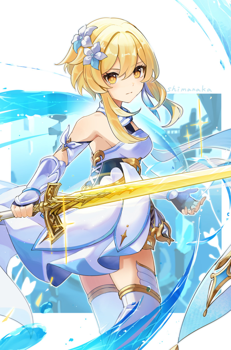 1girl artist_name bare_shoulders blonde_hair boots closed_mouth dress fingerless_gloves genshin_impact gloves hair_between_eyes hair_ornament highres holding holding_sword holding_weapon looking_at_viewer lumine_(genshin_impact) shimanakao_(shimanaka_sushi) short_dress short_hair_with_long_locks solo sword thigh_boots weapon white_dress yellow_eyes