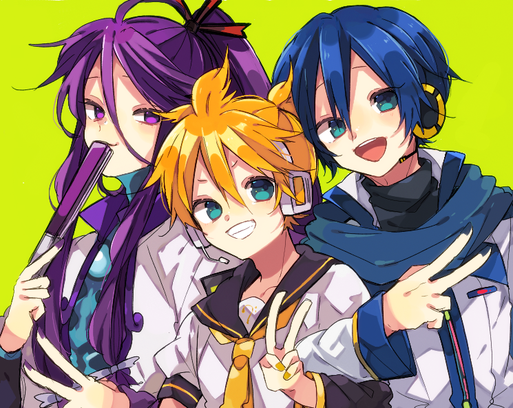 3boys blonde_hair folded_fan folding_fan green_background green_eyes grin hand_fan headphones headset holding holding_fan kagamine_len kaho_0102 kaito_(vocaloid) kamui_gakupo locked_arms long_hair looking_at_viewer male_focus multiple_boys nail_polish necktie open_mouth ponytail purple_hair sailor_collar scarf short_sleeves smile upper_body v violet_eyes vocaloid