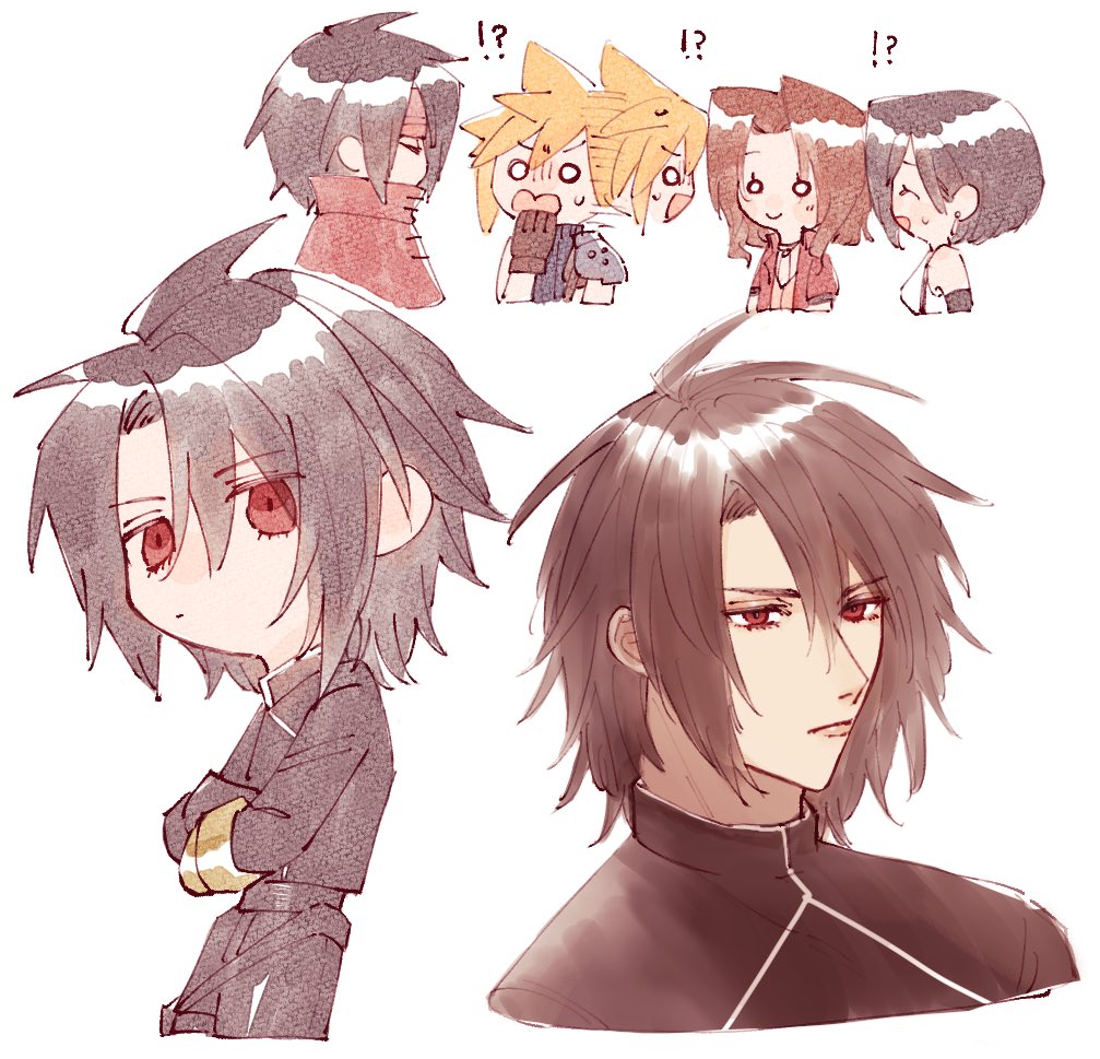!? 2boys 2girls aerith_gainsborough alternate_hair_length alternate_hairstyle bare_shoulders black_hair black_jacket blonde_hair breasts brown_gloves brown_hair cloak closed_mouth cloud_strife commentary_request cropped_torso earrings final_fantasy final_fantasy_vii final_fantasy_vii_rebirth final_fantasy_vii_remake gloves hair_between_eyes headband jacket jewelry light_blush looking_at_another medium_breasts multiple_boys multiple_girls nitoya_00630a open_mouth parted_bangs red_cloak red_eyes red_headband red_jacket short_hair single_earring sleeveless sleeveless_turtleneck smile spiky_hair suspenders sweatdrop sweater tank_top tifa_lockhart turtleneck turtleneck_sweater upper_body vincent_valentine white_background white_tank_top