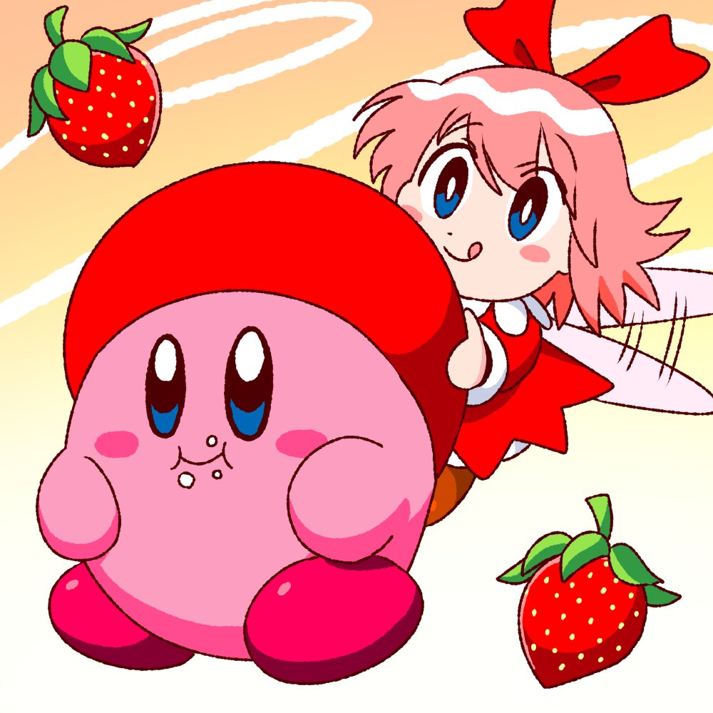 1girl beret blue_eyes blush_stickers colored_skin dress fairy fairy_wings food food_on_face fruit gradient_background hair_ribbon hat kirby kirby's_dream_buffet kirby_(series) pink_hair pink_skin red_dress red_hat red_ribbon ribbon ribbon_(kirby) solid_oval_eyes strawberry tongue tongue_out wings yutakunatu