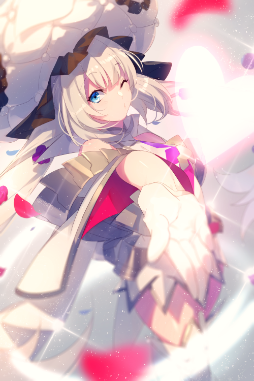 1girl blue_eyes blush boots breasts dress echo_(circa) fate/grand_order fate_(series) gloves large_hat long_hair looking_at_viewer marie_antoinette_(fate) medium_breasts one_eye_closed outstretched_arm short_dress sidelocks sleeveless sleeveless_dress smile solo thigh_boots thighs twintails very_long_hair white_dress white_footwear white_hair white_hat