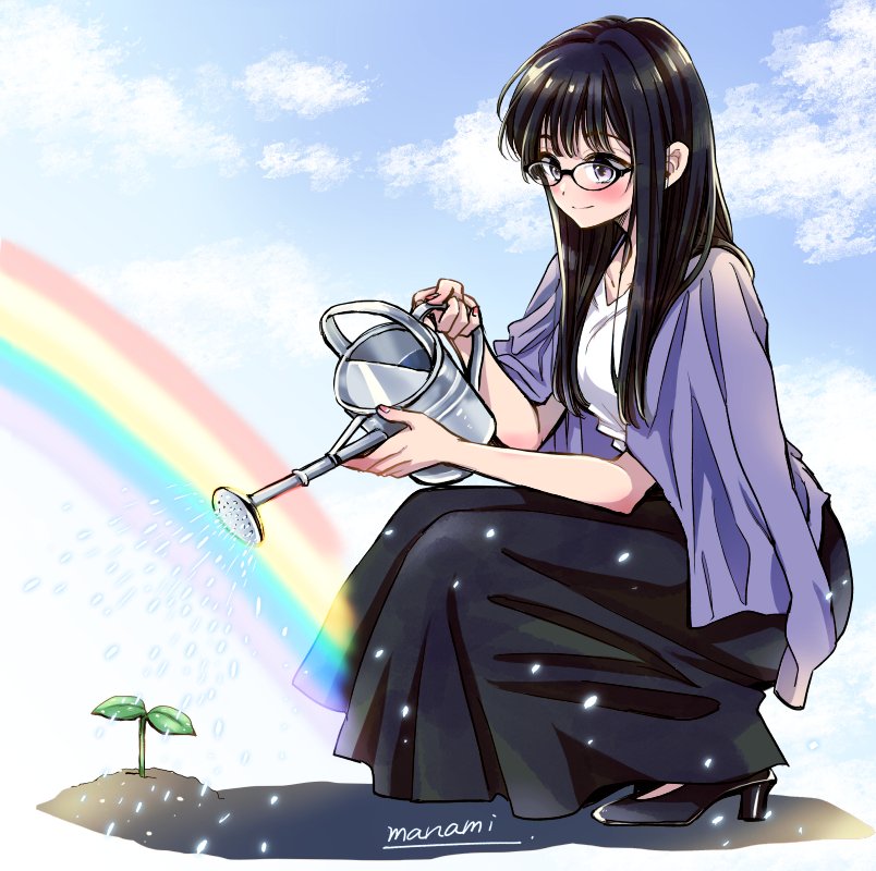 1girl artist_name black-framed_eyewear black_footwear black_skirt blush closed_mouth clouds cloudy_sky commentary day from_side full_body glasses high_heels himawari-san himawari-san_(character) holding holding_watering_can kneeling long_hair long_skirt nail_polish outdoors pink_nails purple_shawl rainbow shawl shirt signature skirt sky smile solo sprout sugano_manami violet_eyes water_drop watering watering_can white_shirt
