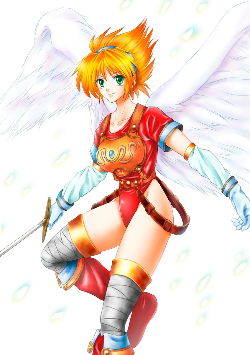 1girl angel_wings armor blonde_hair boots breath_of_fire breath_of_fire_i closed_mouth collarbone elbow_gloves feathered_wings gloves green_eyes hairband highres holding holding_sword holding_weapon knee_boots kurotada leotard looking_at_viewer nina_(breath_of_fire_i) red_leotard short_hair simple_background smile solo sword thigh-highs weapon white_background white_wings wings