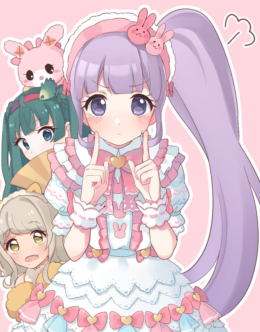 3girls animal_ear_hairband animal_ears blue_eyes blunt_bangs brown_hair cat_ear_hairband cat_ears closed_mouth cowboy_shot dress fake_animal_ears feathers fingers_to_cheeks green_hair hairband hands_up idol_clothes index_fingers_raised lolita_fashion long_hair looking_at_viewer manaka_non mascot multiple_girls open_mouth peeking_out pink_background pretty_series pripara puff_of_air puffy_short_sleeves puffy_sleeves purple_hair red_hairband shiyurinpu short_hair short_sleeves side_ponytail standing stuffed_animal stuffed_rabbit stuffed_toy sweet_lolita taiyo_pepper tsukikawa_chili two_side_up usacha very_long_hair violet_eyes white_dress wrist_cuffs