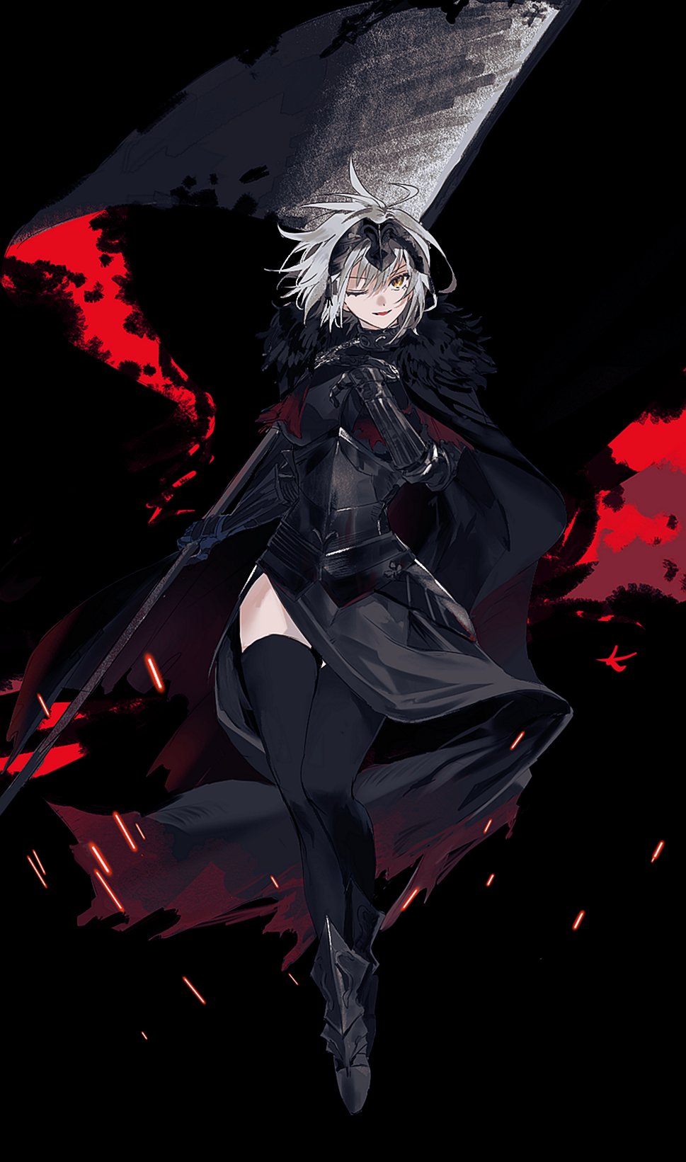 1girl ahoge armor armored_dress banner black_cape black_dress black_thighhighs breasts cape chain dress fate/grand_order fate_(series) faulds flag fur-trimmed_cape fur_trim gauntlets gloves headpiece highres holding holding_flag jeanne_d'arc_alter_(avenger)_(fate) jeanne_d'arc_alter_(avenger)_(first_ascension)_(fate) jeanne_d'arc_alter_(fate) large_breasts looking_at_viewer open_mouth plackart short_hair smile solo ss_un17 standard_bearer thigh-highs torn_cape torn_clothes white_flag white_hair yellow_eyes