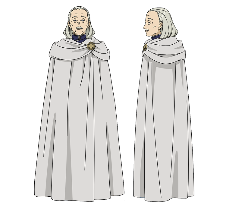 1boy blue_tunic cloak expressionless facial_hair from_side full_body grey_hair lernen_(sousou_no_frieren) male_focus mustache official_art old old_man profile reference_sheet sousou_no_frieren straight-on transparent_background white_cloak