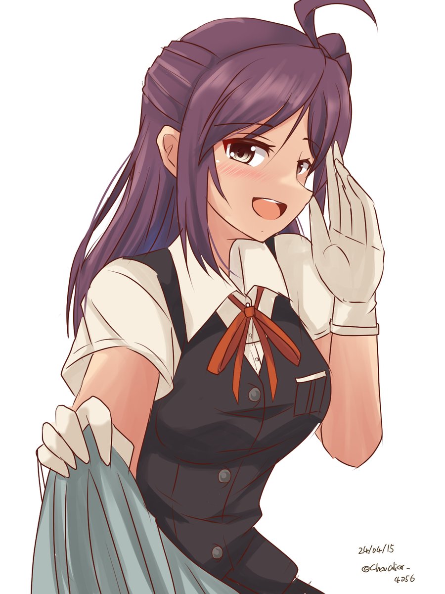 1girl ahoge bed_sheet black_vest brown_eyes collared_shirt commentary_request dress_shirt gloves hagikaze_(kancolle) highres holding kantai_collection looking_at_viewer neck_ribbon one-hour_drawing_challenge one_side_up open_mouth purple_hair red_ribbon ribbon round_teeth sawatani_(chevalier_04056) school_uniform shirt smile solo teeth upper_body upper_teeth_only vest white_gloves white_shirt