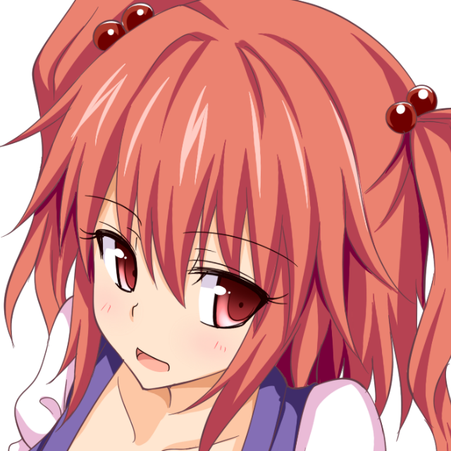 1girl collarbone commentary_request gin'you_haru hair_bobbles hair_ornament looking_at_viewer onozuka_komachi open_mouth portrait profile_picture redhead short_sleeves simple_background solo touhou two_side_up upper_body white_background