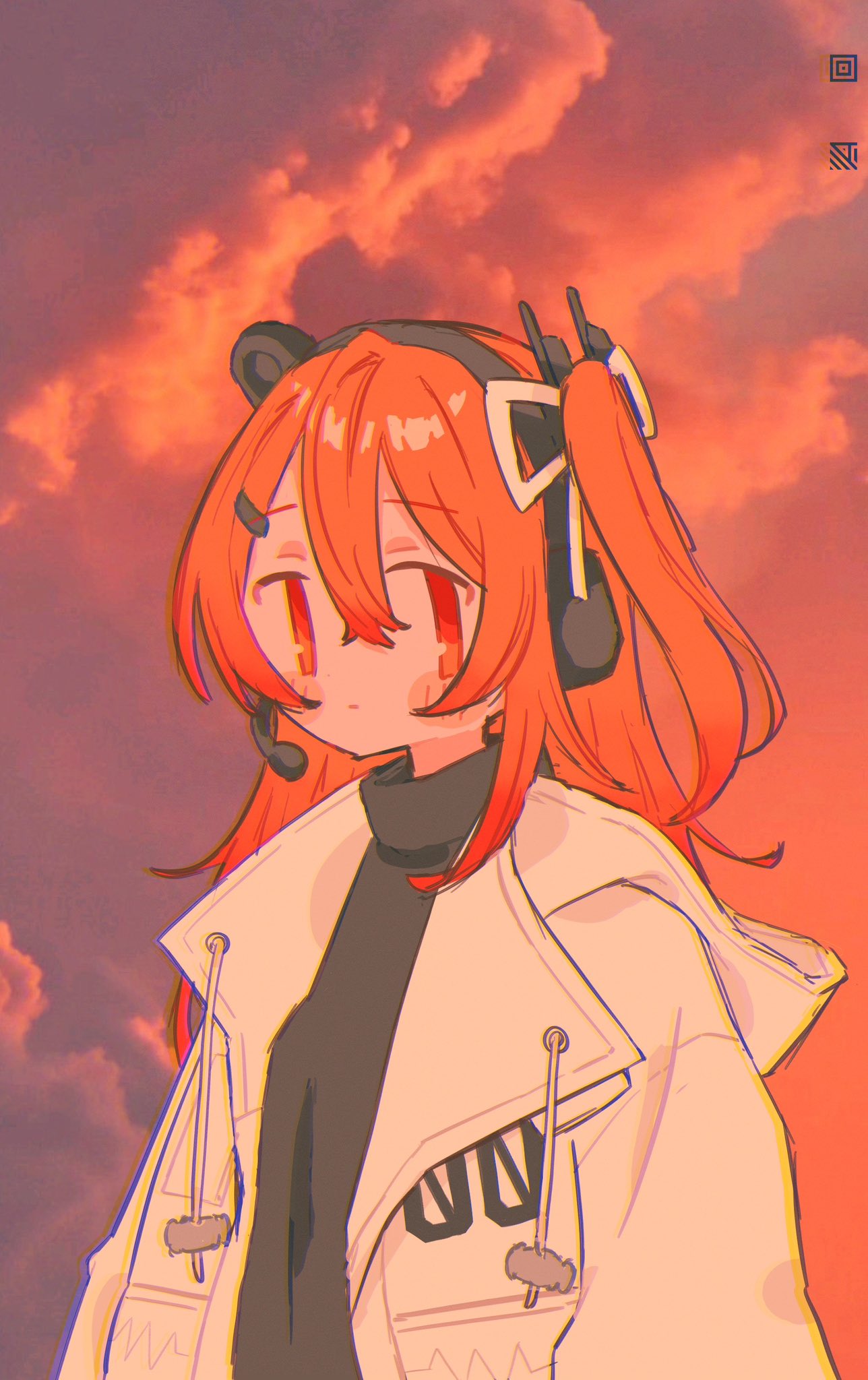 1girl a.i._voice adachi_rei alternate_hair_length alternate_hairstyle arms_at_sides black_shirt blush_stickers closed_mouth clouds cloudy_sky expressionless headlamp headset highres hood hood_down hooded_jacket jacket kururun_(culului) long_hair long_sleeves looking_at_viewer no_sclera one_side_up open_clothes open_jacket orange_eyes orange_hair orange_sky radio_antenna shirt sky solo turtleneck turtleneck_shirt upper_body utau white_jacket