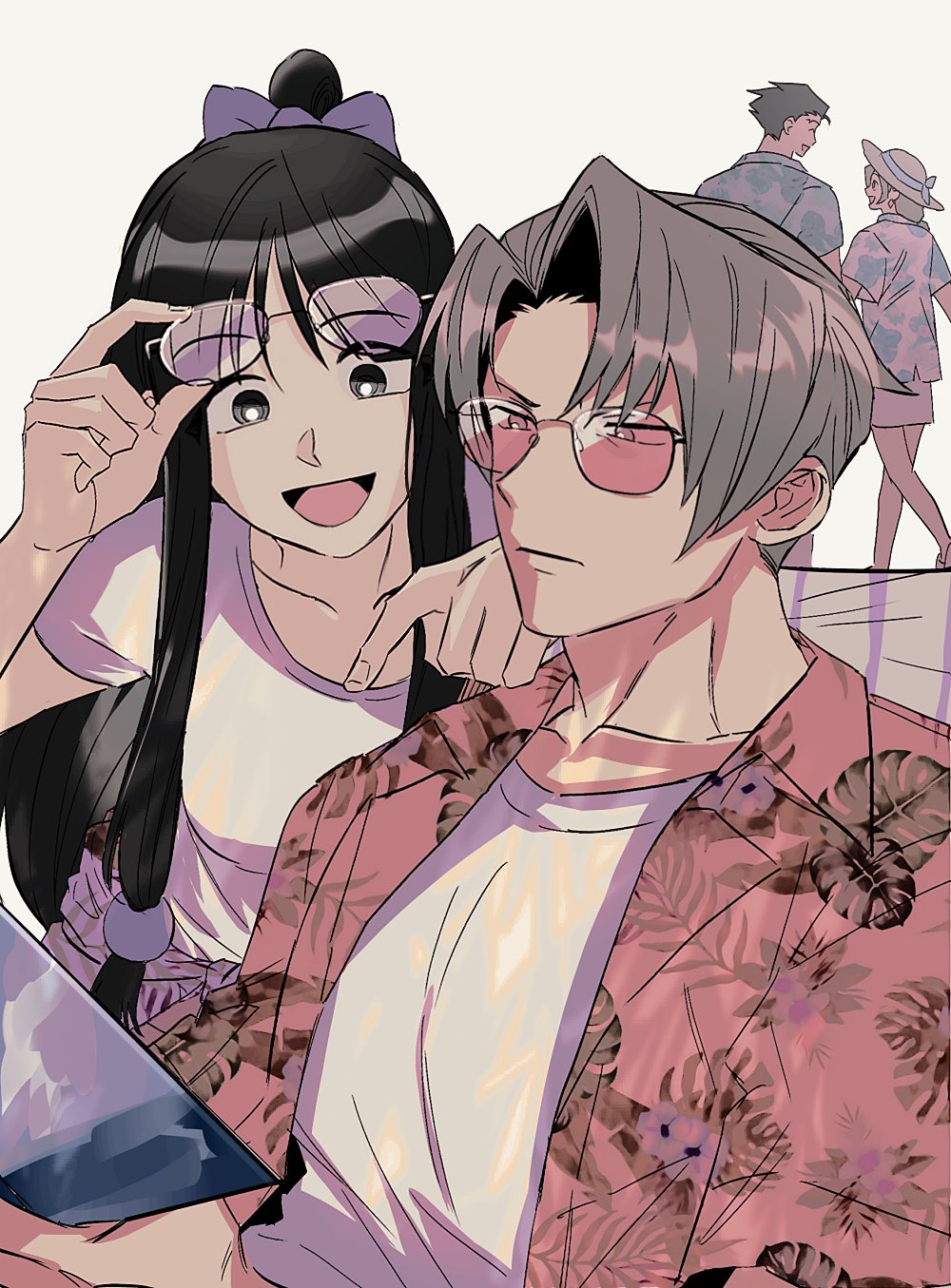 2boys 2girls :d ^_^ ace_attorney black_eyes black_hair blue_shirt bow brown_eyes brown_hair closed_eyes clothes_around_waist curtained_hair diamond_earrings earrings father_and_daughter hair_bow hat hawaiian_shirt highres jewelry long_hair low_ponytail maya_fey miles_edgeworth mmachoii multiple_boys multiple_girls phoenix_wright pointing purple-tinted_eyewear purple_bow red-tinted_eyewear red_shirt shirt short_hair short_sleeves sidelocks skirt smile sun_hat sunglasses tinted_eyewear topknot trucy_wright v-shaped_eyebrows very_long_hair white_background white_shirt