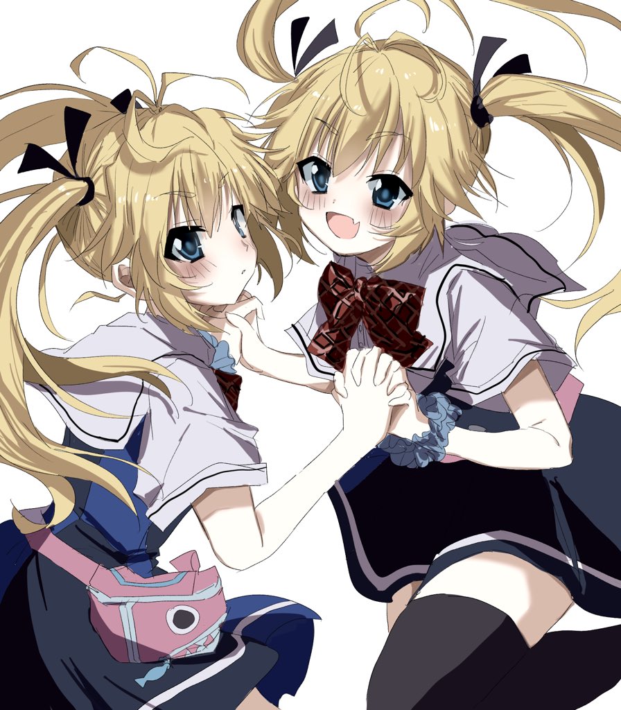 2girls :d antenna_hair black_dress black_ribbon black_thighhighs blonde_hair blue_dress blue_eyes blue_scrunchie blush bow cowboy_shot dress dual_persona fang floating_hair from_side grisaia_(series) grisaia_no_kajitsu hair_between_eyes hair_ribbon happy holding_hands interlocked_fingers long_hair looking_at_another matsushima_michiru multiple_girls open_mouth parted_lips plaid plaid_bow red_bow ribbon school_uniform scrunchie shirt short_dress short_sleeves simple_background skin_fang smile thigh-highs twintails two-tone_dress unkogakatasugi white_background white_shirt wrist_scrunchie zettai_ryouiki