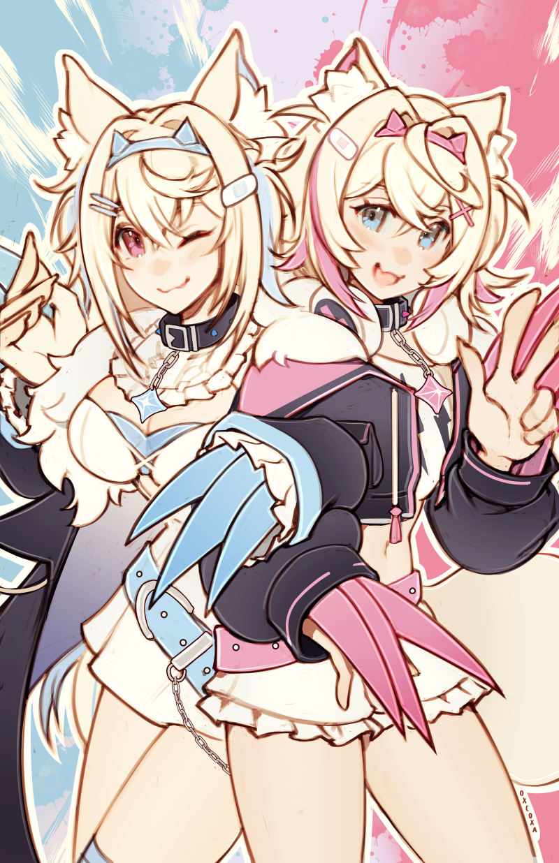 2girls blonde_hair blue_eyes blue_hair blush breasts closed_mouth crop_top fuwawa_abyssgard hair_ornament hairclip highres hololive hololive_english large_breasts long_hair long_sleeves mococo_abyssgard multicolored_hair multiple_girls navel one_eye_closed open_mouth oxcoxa pink_eyes pink_hair short_hair small_breasts smile v virtual_youtuber