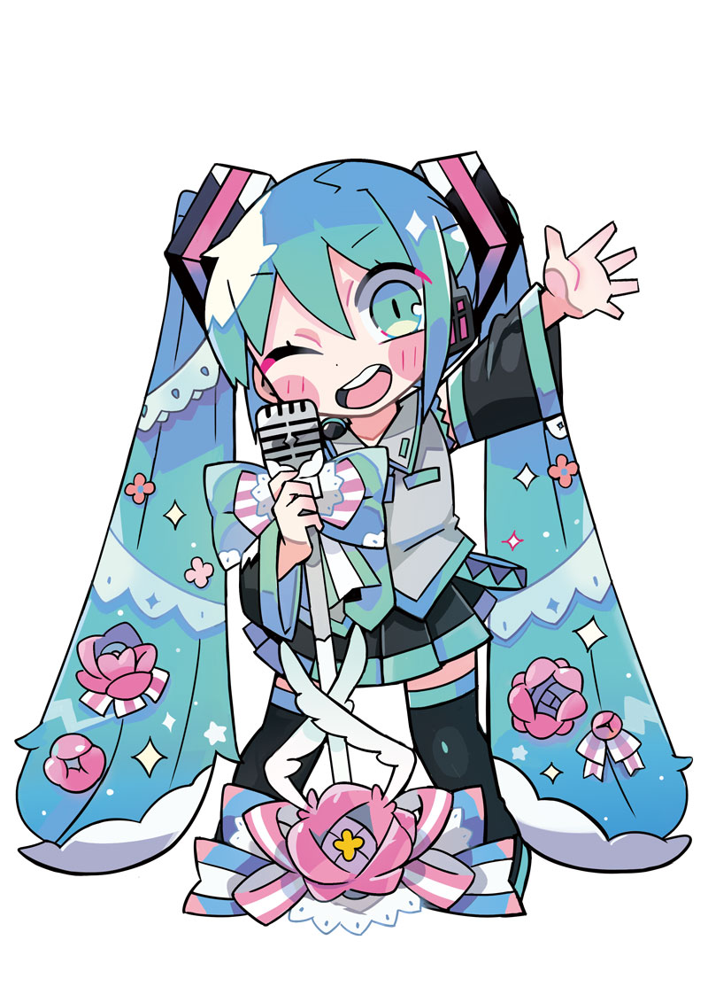 1girl aqua_eyes aqua_necktie black_footwear black_headphones black_skirt black_sleeves blue_bow blue_hair blush_stickers boots bow collared_shirt commentary_request detached_sleeves eyelashes flower full_body grey_shirt hair_between_eyes hair_bow hair_flower hair_ornament hair_ribbon hatsune_miku headpiece holding holding_microphone_stand lace-trimmed_shirt lace_trim long_hair long_sleeves microphone_stand miniskirt necktie one_eye_closed open_mouth outstretched_arm pink_flower pleated_skirt pocket project_sekai ribbon shirt simple_background skirt sleeveless sleeveless_shirt smile solo sparkle straight_hair teeth terada_tera thigh_boots twintails upper_teeth_only very_long_hair vocaloid white_background white_bow white_flower white_ribbon wide_sleeves zettai_ryouiki