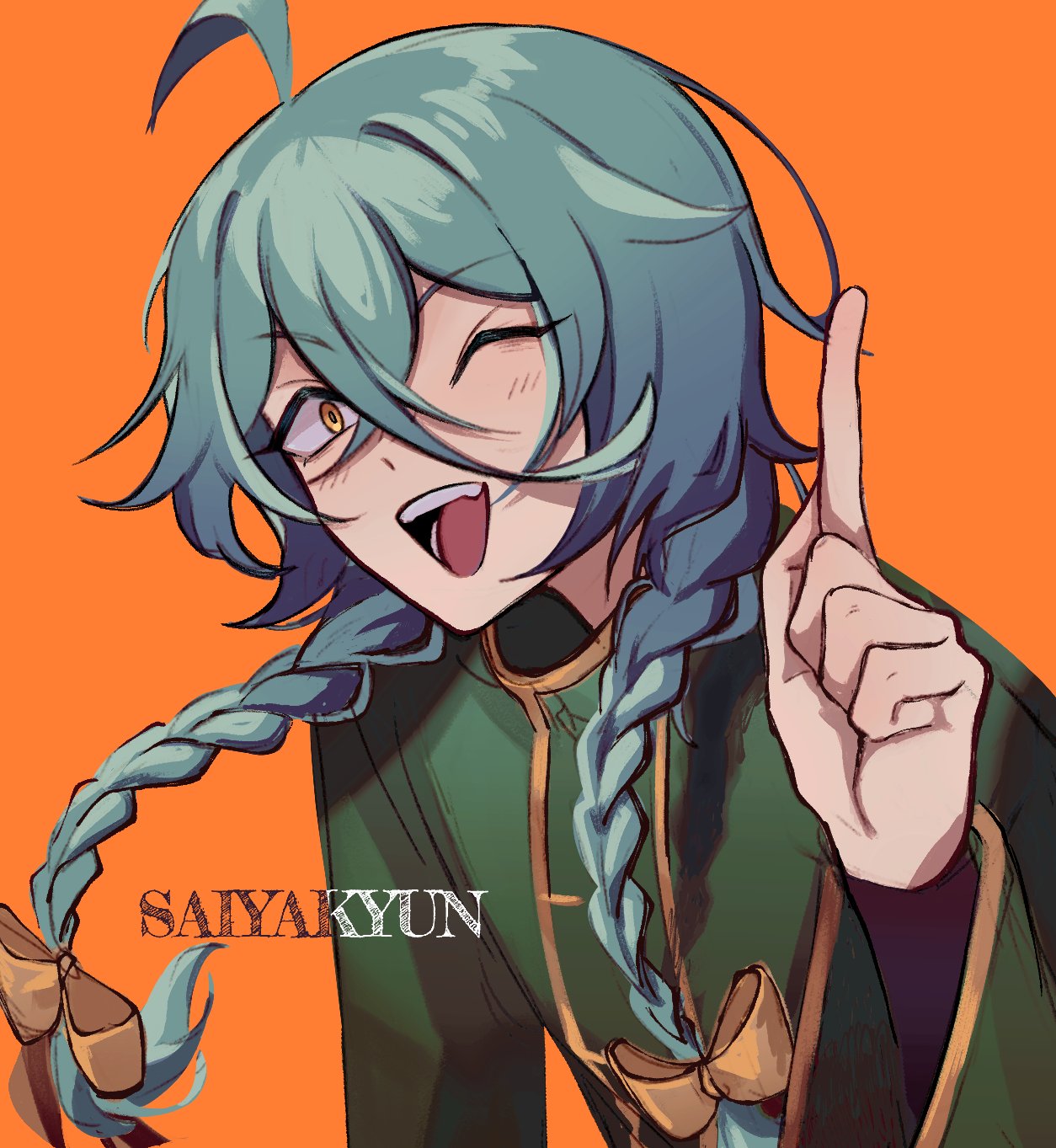 1boy ahoge aqua_hair artist_name ashe_bradley bow braid english_commentary green_jacket hair_bow hand_up highres index_finger_raised jacket long_sleeves looking_at_viewer male_focus one_eye_closed open_mouth orange_background saiyakyun simple_background small_pupils smile solo teeth twin_braids upper_teeth_only watermark witch's_heart yellow_bow yellow_eyes yellow_trim